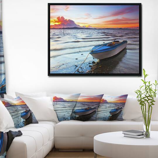 Designart - Boat at the Sunset - Landscape Photography Canvas Print in Black Frame